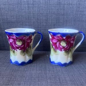 2 Antique Nippon Floral porcelain chocolate cups Blue and Pink